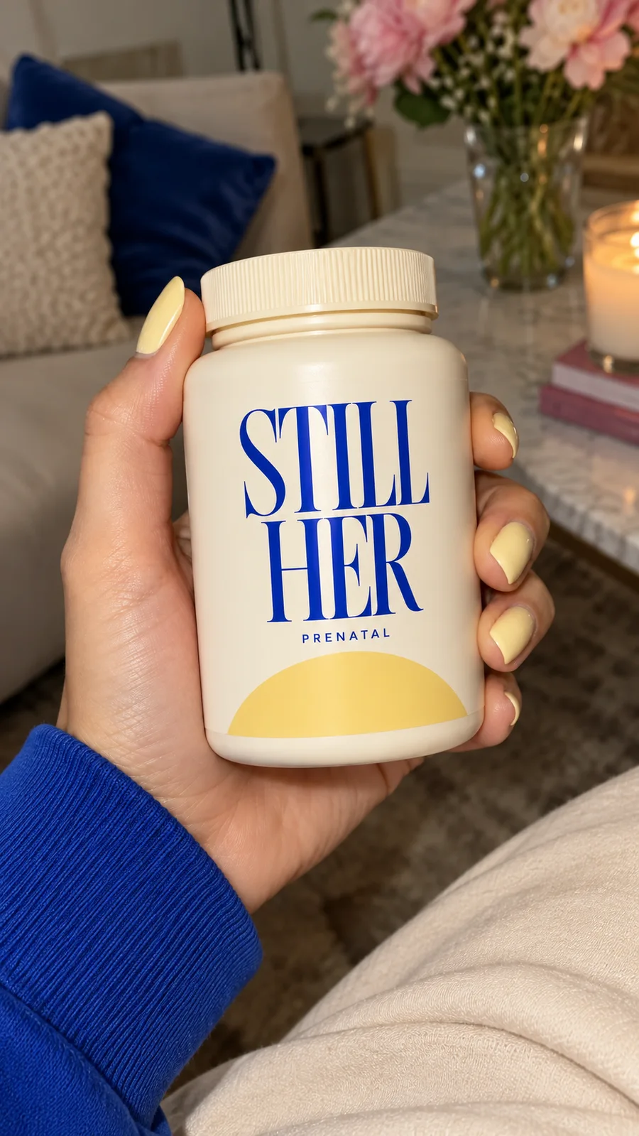 STILL HER prenatal bottle held at home